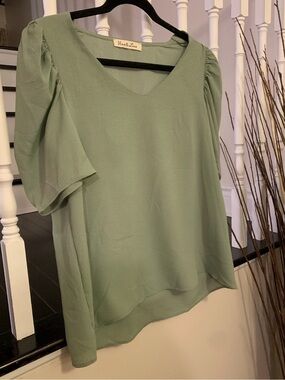 Vine & Love Light Sage Green V-Neck Puff Sleeve Blouse